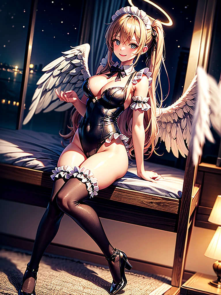 Highest Resolution,8K quality,Smiling beautiful girl in maid leotard,High leg,(((Frills))),White angel wings on your back,Halo,Bedroom,Night view outside the window,Very beautiful eyes,whole body,front,Knee-high stockings,Drink,
