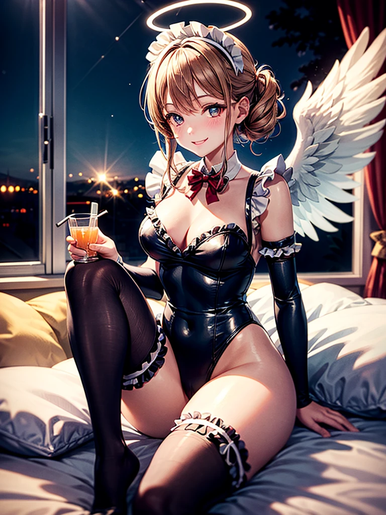 Highest Resolution,8K quality,Smiling beautiful girl in maid leotard,High leg,(((Frills))),White angel wings on your back,Halo,Bedroom,Night view outside the window,Very beautiful eyes,whole body,front,Knee-high stockings,Drink,