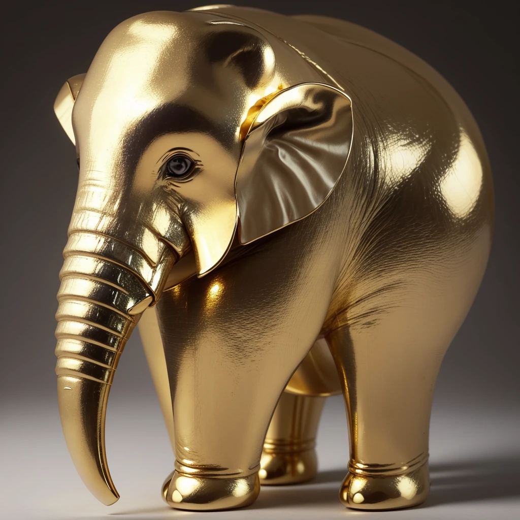Create a high-resolution image of a luxurious, modern elephant statue. The elephant should be made of shiny, reflective gold metal. The design should be sleek and elegant, with smooth curves and fine details, including its trunk, tusks, ears, and feet. The statue should have a coin slot on its back, similar to a piggy bank, and exhibit a sense of grandeur and majesty. The lighting should highlight the reflective properties of the gold, casting soft shadows and giving the image a polished, professional look. The background should be a neutral gradient, transitioning from light grey to white, to ensure the elephant statue is the focal point of the image.