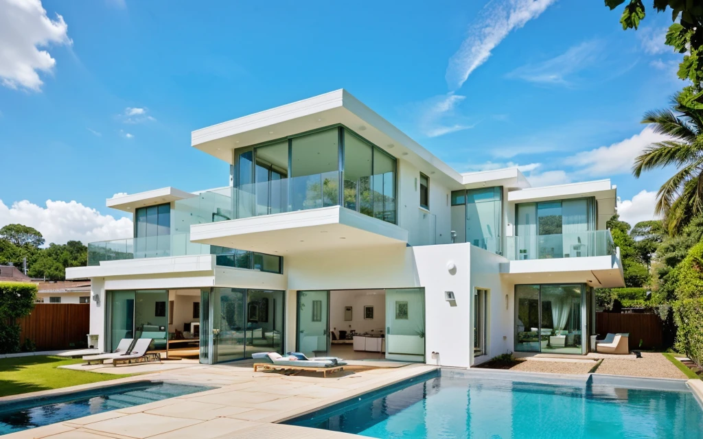 MODERN HOUSE, A wide-angle shot shows the front view of a contemporary two-story villa with glass windows, surrounded by lush greenery. It features an outdoor pool area with natural light. Stone pathways lead to the swimming pool in the yard, adorned with vibrant plants, Taken on a Canon EOS R5, white wall, ((big front yard)),