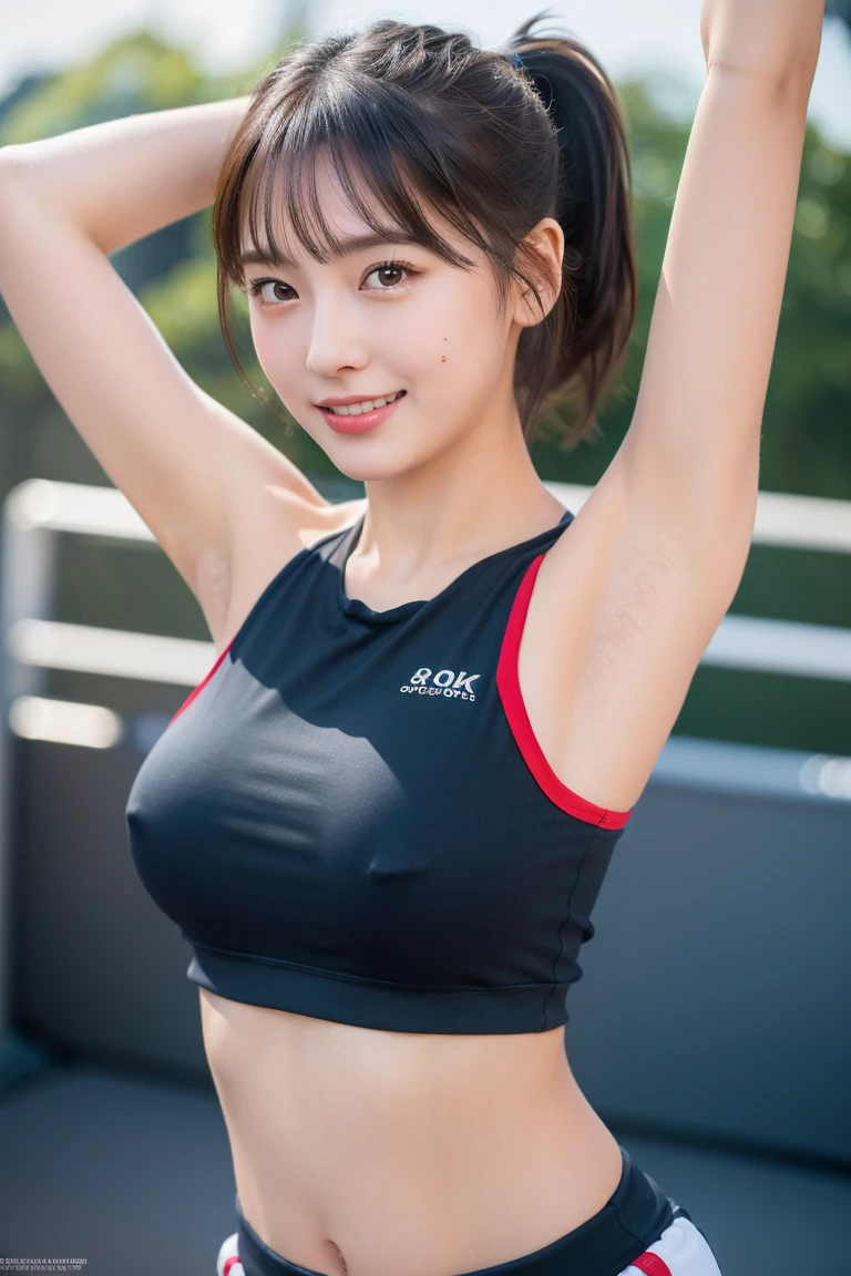 Flying debris, Highest quality, shape, Very detailed, finely, High resolution, 8k wallpaper, Perfect dynamic composition, finelyてBeautiful Eyes,Medium Hair,Small breasts Natural color Lips, Bold sexy pose,smile,Harajuku、20-year-old girl、cute、sexy shot looking at camera、Black hair ponytail , whole body((Realistic lighting, Highest quality, 8k, masterpiece: 1.3)), Clear focus: 1.2, 1 girl, Perfect shape: 1.4,(Cheerleader:1.3),(Outdoor:1.5),(Look under your armpits:1.5),(Stadium:1.1),(Cheer Dance:1.3) Very beautiful face, Beautiful Eyes, double eyelid,smile,(Your cheeks are red:1.3),(No nipples:1.2)