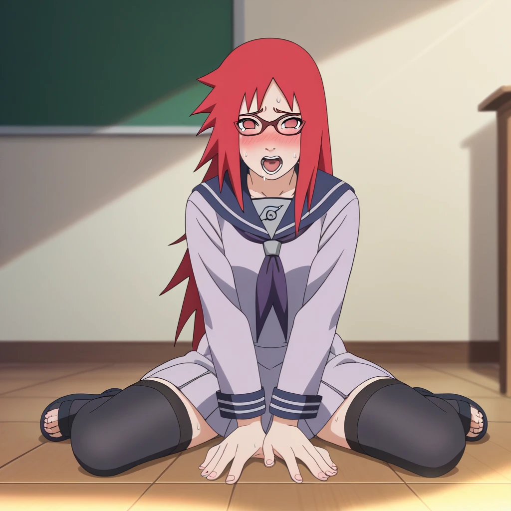 Red hair, 1 Girl, Glasses, Long hair, Red Eyes, Solitary, Sailor Suit，Umbilical cord, Looking at the audience，No students, Japanese cartoons screencap, Japanese cartoons coloring,src_Japanese cartoons,Naruto \(series\), Naruto shippuuden,（（blush，nervous，Vision，living room，Sitting on the floor，））masterpiece， absurd ， （Intricate details）， （Colorful）， light， Extremely detailed CG unity 8k wallpaper ，1 Girl， solo，（shy，classroom，night，blush，nervous，Sweating，蕾丝dress， ），sweat，blush，blush1.5，Blush，Medium chest，（（dress，Black stockings，）），（dress，Uncomfortable expression，Mouth open，Stick out your tongue）