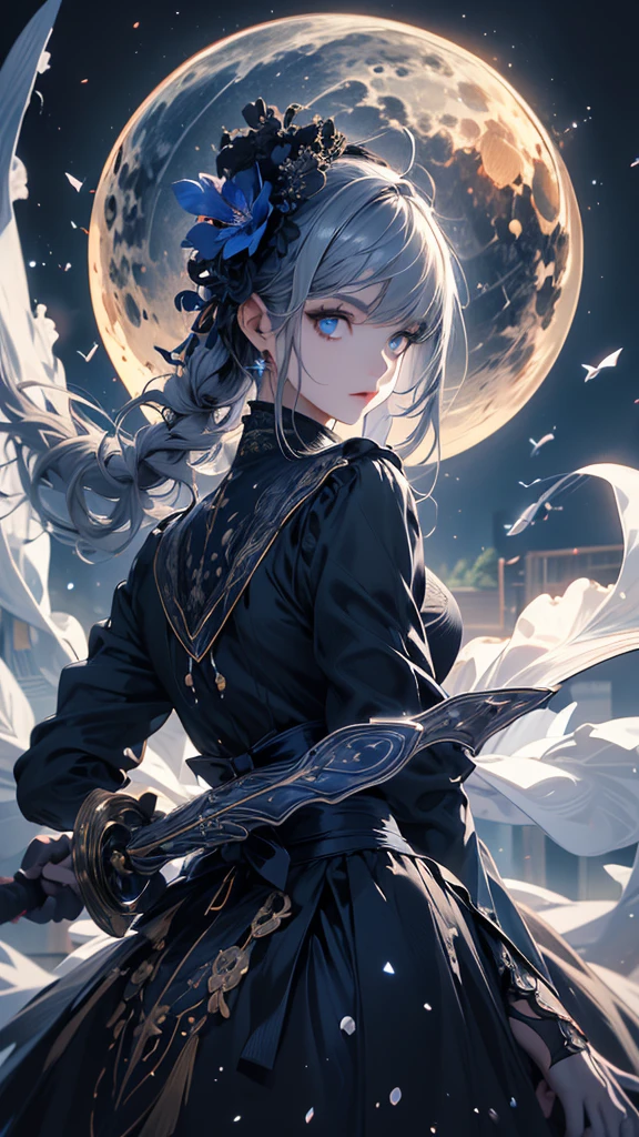 masterpiece, high quality, 4K, Beautiful design, silhouette,Gray Hair, 非常に詳細な夜のStarry Sky,Flower Field, wonderful, Finer details, Very knowledgeable woman, Highly detailed solo, 1 female,blue eyes,Big Breasts,Gothic ta Fashion,Night view,Starry Sky,Blue Full Moon,