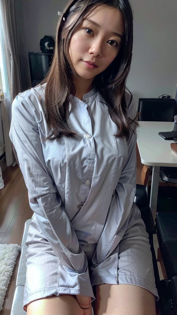 Live Action、8k, Highest quality, Realistic, Very detailed、Simple room、gray ceiling、Young and beautiful girl、Large Breasts、Please show me the amount、Take a selfie with your smartphone、Sit on a chair and spread your legs、I spread my legs and show you my pussy、 uniform、Blouse with open chest、