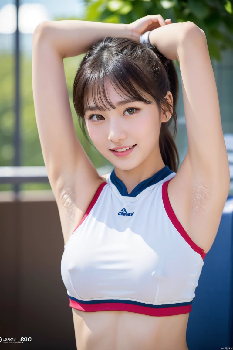 Flying debris, Highest quality, shape, Very detailed, finely, High resolution, 8k wallpaper, Perfect dynamic composition, finelyてBeautiful Eyes,Medium Hair,Small breasts Natural color Lips, Bold sexy pose,smile,Harajuku、20-year-old girl、cute、sexy shot looking at camera、Black hair ponytail , whole body((Realistic lighting, Highest quality, 8k, masterpiece: 1.3)), Clear focus: 1.2, 1 girl, Perfect shape: 1.4,(Cheerleader:1.3),(Outdoor:1.5),(Look under your armpits:1.5),(Stadium:1.1),(Cheer Dance:1.3) Very beautiful face, Beautiful Eyes, double eyelid,smile,(Your cheeks are red:1.3),(No nipples:1.2)