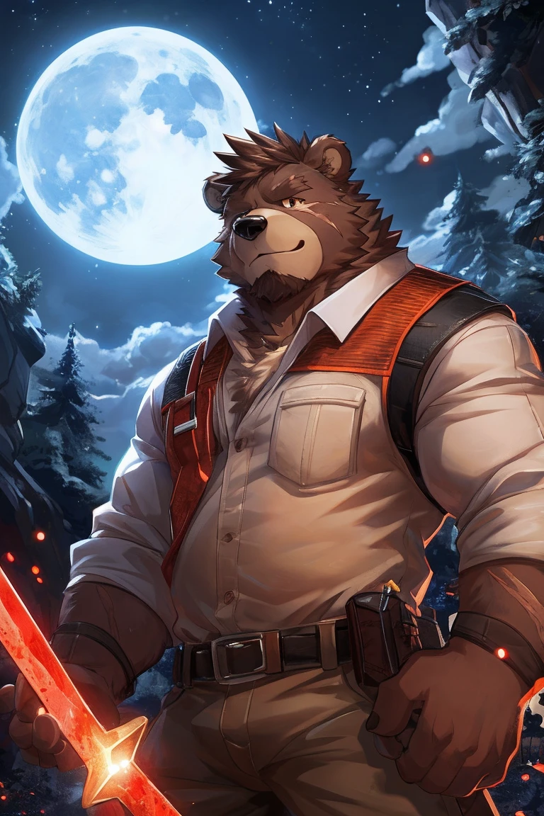 human nature, Wildlife, male,36 years old，Uncle， solitary, ((Round Face, The face is plump,Orange eyes,thick brown hair，Furry little ears with scars)), ((Endomorph, Handsome的，Hot Blood)), （construction worker，White architectural clothing，Holding a military long knife), ((domestic brown bear, Bear Orc，) Fluffy fur, Fluffy), Bokeh, (high quality, high resolution, masterpiece), (Dynamic Lighting, Vibrant colors，Natural fill light), (Revitalize，Handsome，), Full body picture (close up), cartoon, author：Takemoto Arashi, From zixiong, By Chunni, author：Empty Ghost，moonlight，Draw the sword on the cliff，Lean on your teammates&#39; backs，Two-player combat，Night，Surrounded，Beautiful starry sky，（background：moonlight的悬崖边）