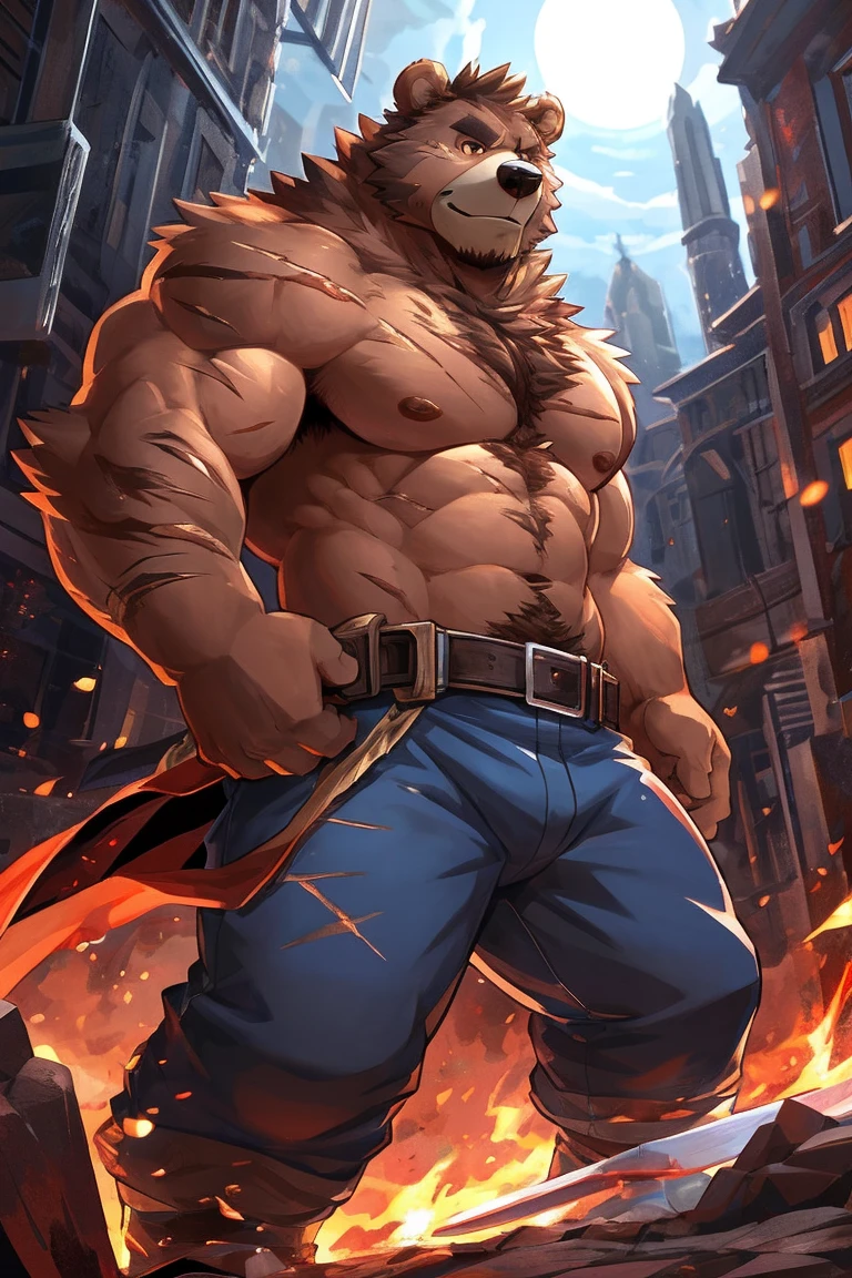 human nature, Wildlife, male,36 years old，Uncle， solitary, ((Round Face, The face is plump,Orange eyes,thick brown hair，Furry little ears with scars)), ((Endomorph, Handsome的，Hot Blood)), （construction worker，White architectural clothing，Holding a military long knife), ((domestic brown bear, Bear Orc，) Fluffy fur, Fluffy), Bokeh, (high quality, high resolution, masterpiece), (Dynamic Lighting, Vibrant colors，Natural fill light), (Revitalize，Handsome，), Full body picture (close up), cartoon, author：Takemoto Arashi, From zixiong, By Chunni, author：Empty Ghost，moonlight，Draw the sword on the cliff，Lean on your teammates&#39; backs，Two-player combat，Night，Surrounded，Beautiful starry sky，（background：moonlight的悬崖边）