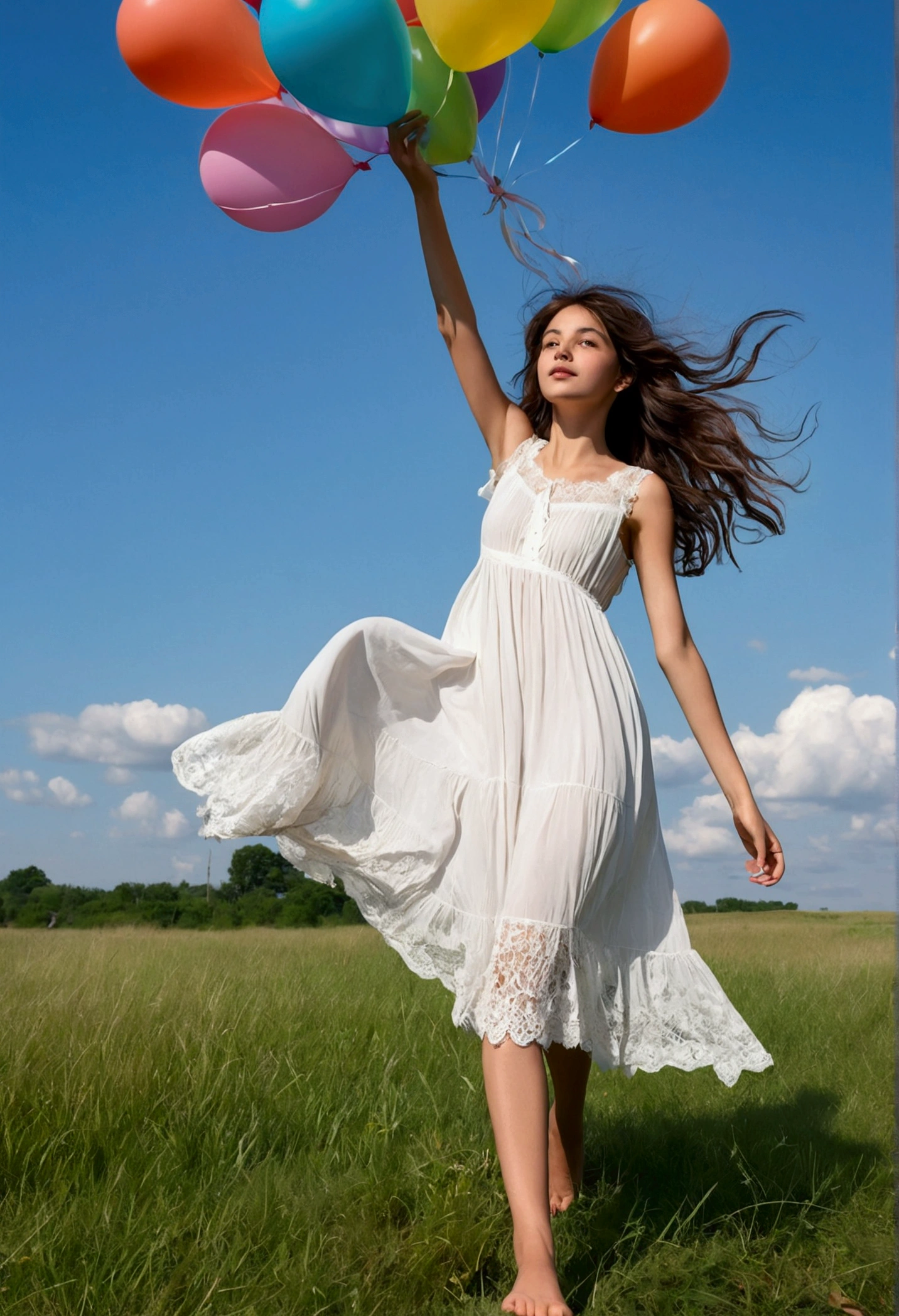 In an open countryside with a vast, grassy meadow under a clear, brilliant blue sky, an Italian girl with dark brown, wavy hair stands, her hair moving gently in the breeze. She has a round face, large deep brown eyes, dark eyebrows, a cute slightly upturned nose, full rosy lips, and a perfectly proportioned, slender yet athletic build. She is wearing a flowing white sundress with delicate lace details and a cinched waist, the hem fluttering around her knees. Barefoot, her feet lightly touch the tips of the grass. The girl holds onto a bunch of large, colorful balloons that lift her slightly off the ground. Her dress and hair flow, blending into the sky, as if she is becoming one with the clouds. THIS PICTURE IS ULTRA REALISTIC, YOU CAN SEE THE GRASS TEXTURE, THE GIRL IS A REAL HUMAN, HAS TEXTURE ON SKIN
