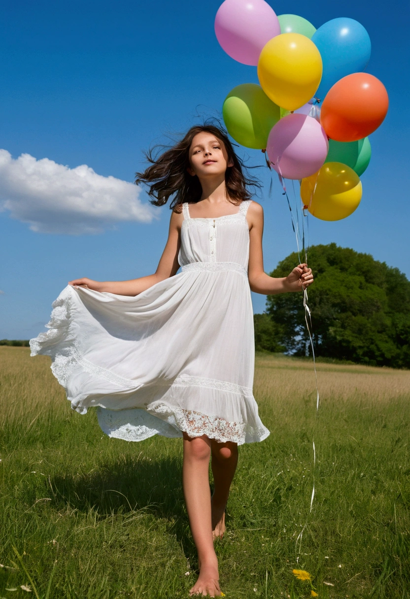 In an open countryside with a vast, grassy meadow under a clear, brilliant blue sky, an Italian girl with dark brown, wavy hair stands, her hair moving gently in the breeze. She has a round face, large deep brown eyes, dark eyebrows, a cute slightly upturned nose, full rosy lips, and a perfectly proportioned, slender yet athletic build. She is wearing a flowing white sundress with delicate lace details and a cinched waist, the hem fluttering around her knees. Barefoot, her feet lightly touch the tips of the grass. The girl holds onto a bunch of large, colorful balloons that lift her slightly off the ground. Her dress and hair flow, blending into the sky, as if she is becoming one with the clouds. THIS PICTURE IS ULTRA REALISTIC, YOU CAN SEE THE GRASS TEXTURE, THE GIRL IS A REAL HUMAN, HAS TEXTURE ON SKIN