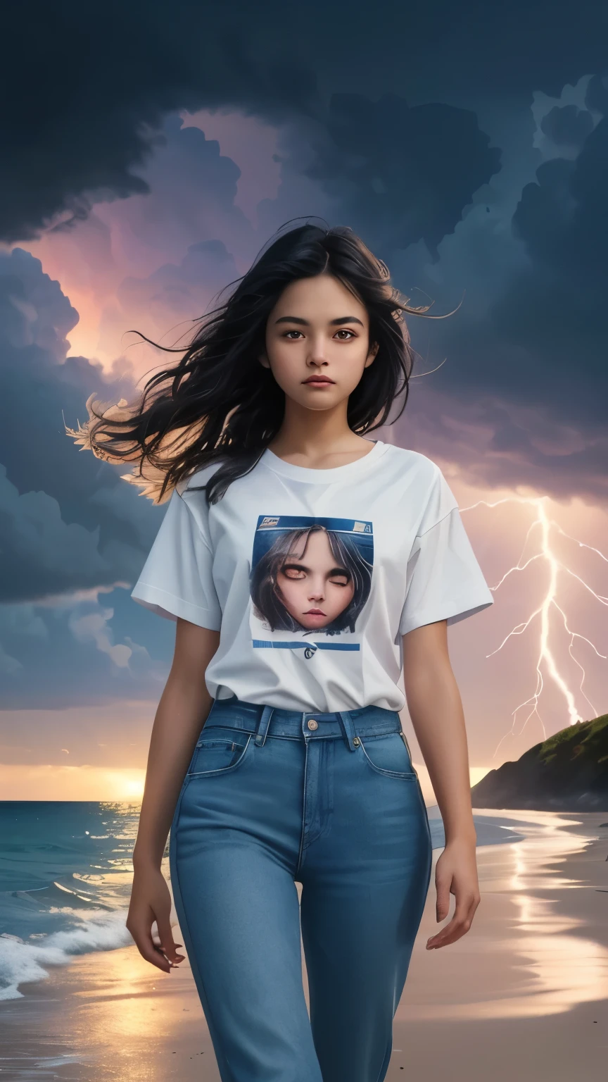 ((best quality)), ((masterpiece)), (detailed), A digital illustration of a long black haired teenage girl walking on the beach near the ocean at night wearing white t-shirt and blue jeans with dark clouds and lightning in background. The girl is having sad expression on her face