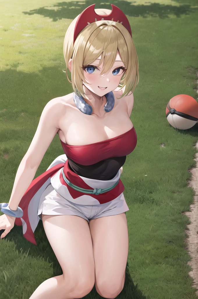 masterpiece, best quality, highres, aairida, short hair, red hairband, neck ring, collar, strapless shirt, red shirt, bracelet, sash, waist cape, white shorts, bare legs, standing, cowboy shot, outdoors, field, holding poke ball, poke ball, smile,
((woman on top,vaginal,sex))