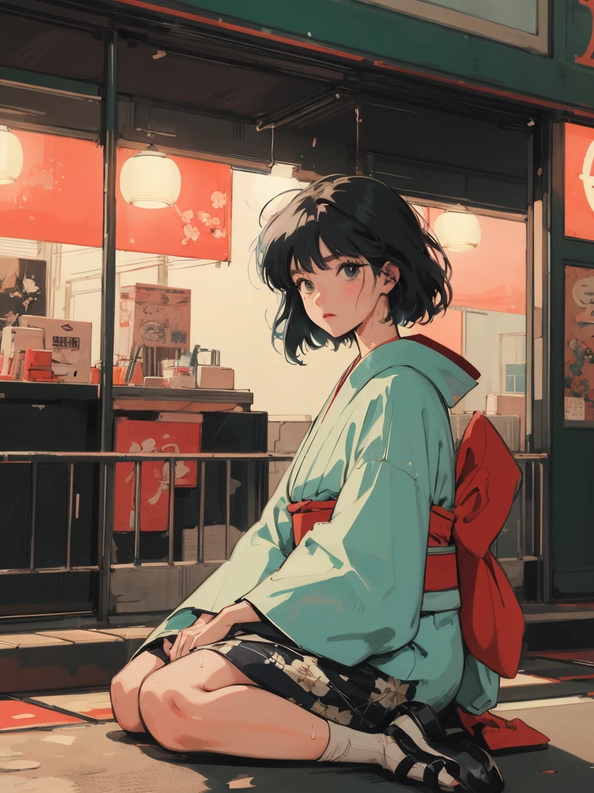 anime girl sitting on floor looking out window at city, anime aesthetic, anime vibes, Lofi Artstyle, Lo-fi portrait. anime, Lofty Girl, anime art wallpaper 4 k, anime art wallpaper 4k, anime art wallpaper 8 k, anime background art, Lofi Color, Lofi Art, anime asthetic, Bob Hair, In the city at night, Tokyo, Wet day, Urban city, kimono, Japan, kimono