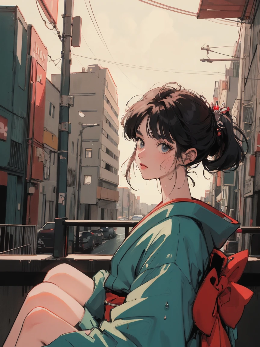 anime girl sitting on floor looking out window at city, anime aesthetic, anime vibes, Lofi Artstyle, Lo-fi portrait. anime, Lofty Girl, anime art wallpaper 4 k, anime art wallpaper 4k, anime art wallpaper 8 k, anime background art, Lofi Color, Lofi Art, anime asthetic, Bob Hair, In the city at night, Tokyo, Wet day, Urban city, kimono, Japan, kimono