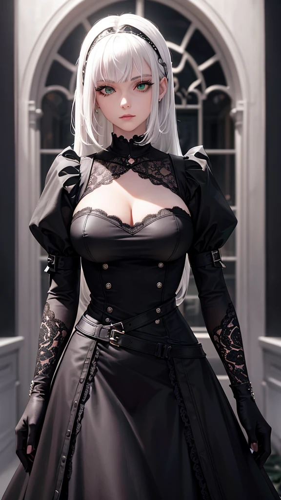 girl with white hair,with bangs, black gloves, green eyes, gothic, dress, 4K, masterpiece, perfect body, stem,perfect eyes, perfect shading, perfect lighting, best quality, work of art, ultra detailed, detailed clothing