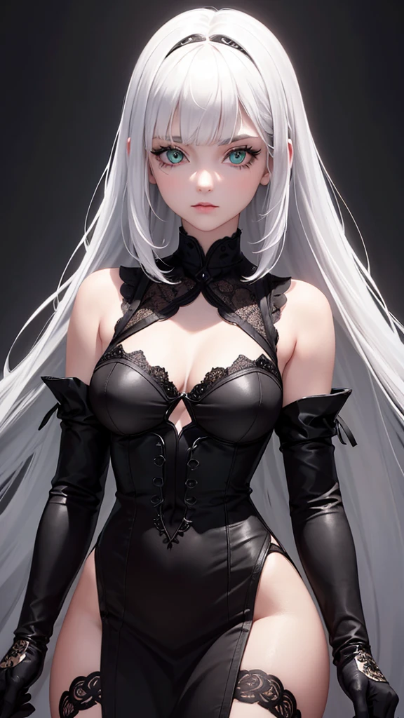 girl with white hair,with bangs, black gloves, green eyes, gothic, dress, 4K, masterpiece, perfect body, stem,perfect eyes, perfect shading, perfect lighting, best quality, work of art, ultra detailed, detailed clothing