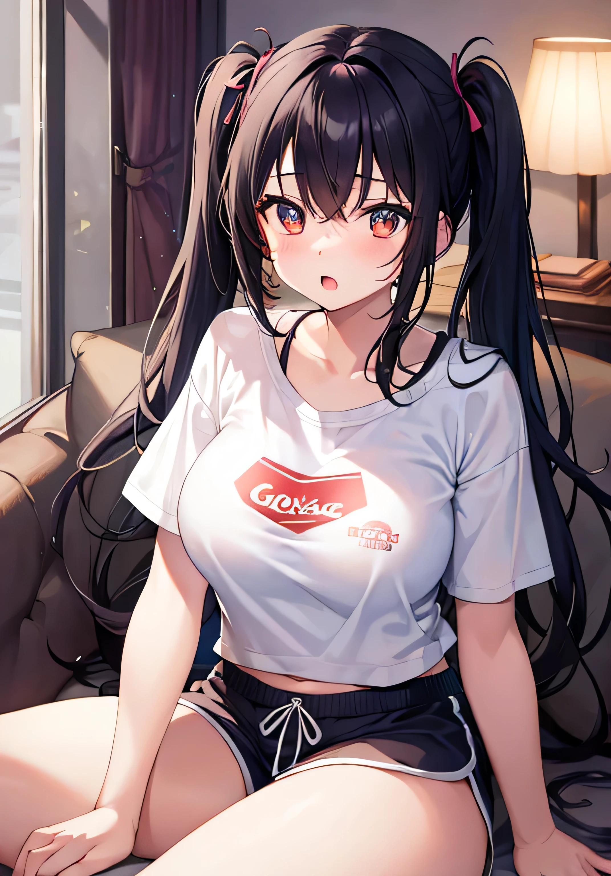 masterpiece、Highest quality、Ultra-high resolution、 girl with big breasts、twin tail hairstyle、black hair、Red face、shyly、open your mouth just a little、white T-shirt、lounge shorts、inside lounge room、sitting on the sofa、at night time