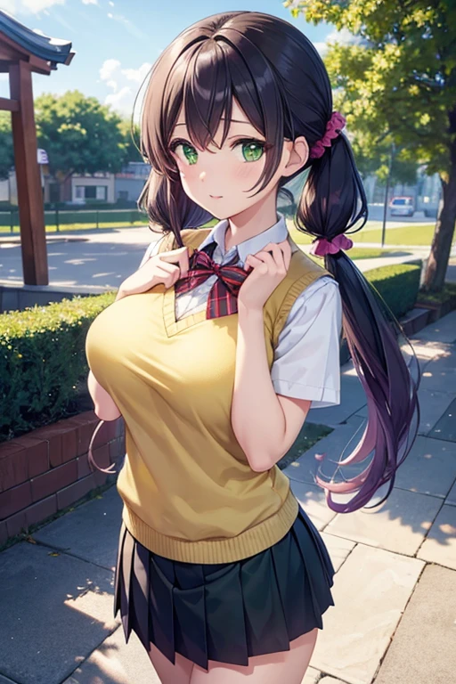 nozomitoujou, nozomi toujou, (green eyes:1.5), purple hair, twintails, low twintails, scrunchie, long hair, (large breast:1.2),
BREAK otonokizaka , pleated skirt, , short sleeves, skirt, summer uniform, sweater vest, yellow sweater vest,
BREAK looking at viewer,
BREAK outdoors, shrine,
BREAK (masterpiece:1.2), best quality, high resolution, unity 8k wallpaper, (illustration:0.8), (beautiful detailed eyes:1.6), extremely detailed face, perfect lighting, extremely detailed CG, (perfect hands, perfect anatomy),