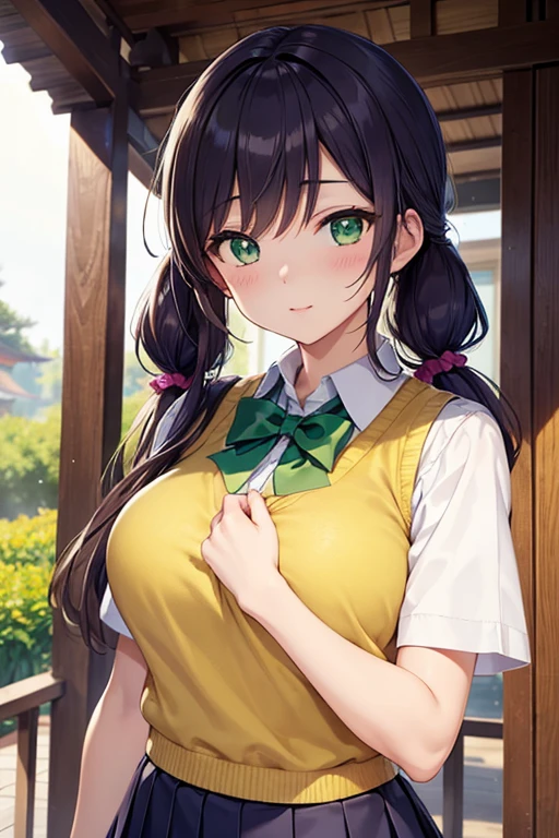 nozomitoujou, nozomi toujou, (green eyes:1.5), purple hair, twintails, low twintails, scrunchie, long hair, (large breast:1.2),
BREAK otonokizaka , pleated skirt, , short sleeves, skirt, summer uniform, sweater vest, yellow sweater vest,
BREAK looking at viewer,
BREAK outdoors, shrine,
BREAK (masterpiece:1.2), best quality, high resolution, unity 8k wallpaper, (illustration:0.8), (beautiful detailed eyes:1.6), extremely detailed face, perfect lighting, extremely detailed CG, (perfect hands, perfect anatomy),