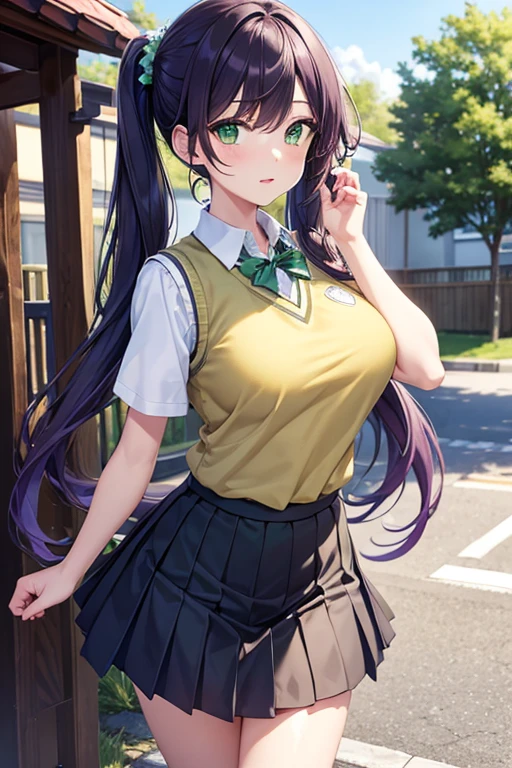nozomitoujou, nozomi toujou, (green eyes:1.5), purple hair, twintails, low twintails, scrunchie, long hair, (large breast:1.2),
BREAK otonokizaka , pleated skirt, , short sleeves, skirt, summer uniform, sweater vest, yellow sweater vest,
BREAK looking at viewer,
BREAK outdoors, shrine,
BREAK (masterpiece:1.2), best quality, high resolution, unity 8k wallpaper, (illustration:0.8), (beautiful detailed eyes:1.6), extremely detailed face, perfect lighting, extremely detailed CG, (perfect hands, perfect anatomy),