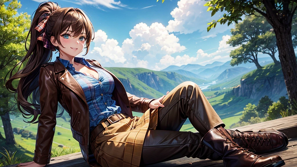 1girl, solo, full body, village, trees, sun, clouds, ((brown hair)), ponytail, large breasts, ((brown leather jacket)), button down shirt, ((blue checked shirt)), ((unbuttoned shirt)), unbuttoning buttons, cleavage 1:3 green eyes, long skirt, brown boots, smile, happy, looking at the viewer, standing, hair ribbon, golden necklate