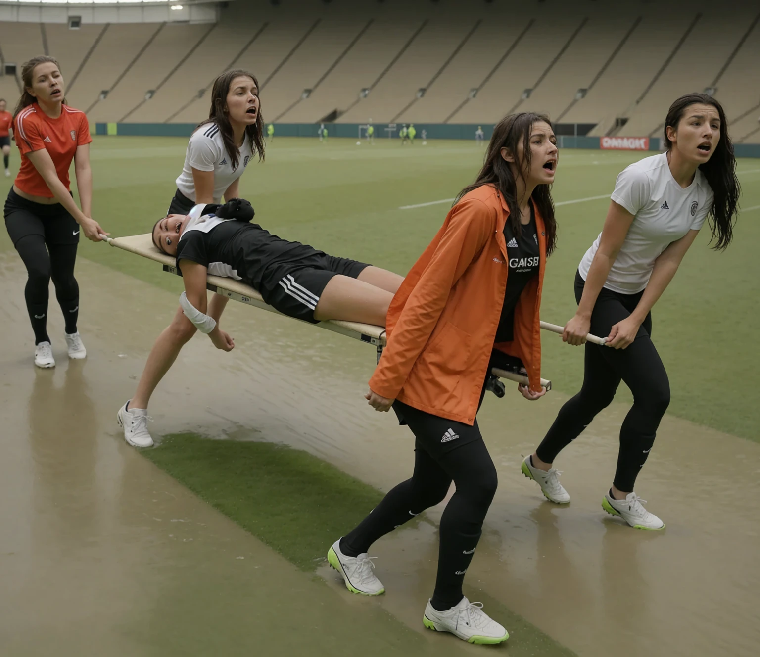 a soccer scene in a sports stadium, cool and wet weather conditions, humide ground, rainy sky, injury scene in a sports stadium, stretcher carry, there are four female medics carrying a stretcher, there are four female medics in very shiny coats who are carrying a stretcher in a sports stadium, there is a wounded male soccer player in a matte short cotton sports outfit lying on the stretcher, an injured male soccer player in matte cotton sportswear is lying in pain on a stretcher, a soccer player in matte cotton sports clothes is rearing up in intense pain while lying on a stretcher, dramatic scene, theatralic posing scene, dramatic pity scene, injury soccer, first aid, help, pity, there are four female medics in wetlook high-shine coats who are looking very sad and very terrified and very shocked, the injured soccer player is screaming out in pain while he is carried from the pitch on a stretcher