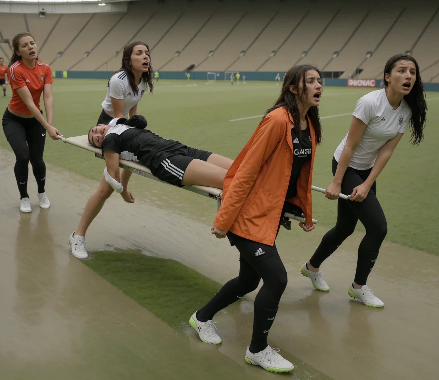 a soccer scene in a sports stadium, cool and wet weather conditions, humide ground, rainy sky, injury scene in a sports stadium, stretcher carry, there are four female medics carrying a stretcher, there are four female medics in very shiny coats who are carrying a stretcher in a sports stadium, there is a wounded male soccer player in a matte short cotton sports outfit lying on the stretcher, an injured male soccer player in matte cotton sportswear is lying in pain on a stretcher, a soccer player in matte cotton sports clothes is rearing up in intense pain while lying on a stretcher, dramatic scene, theatralic posing scene, dramatic pity scene, injury soccer, first aid, help, pity, there are four female medics in wetlook high-shine coats who are looking very sad and very terrified and very shocked, the injured soccer player is screaming out in pain while he is carried from the pitch on a stretcher
