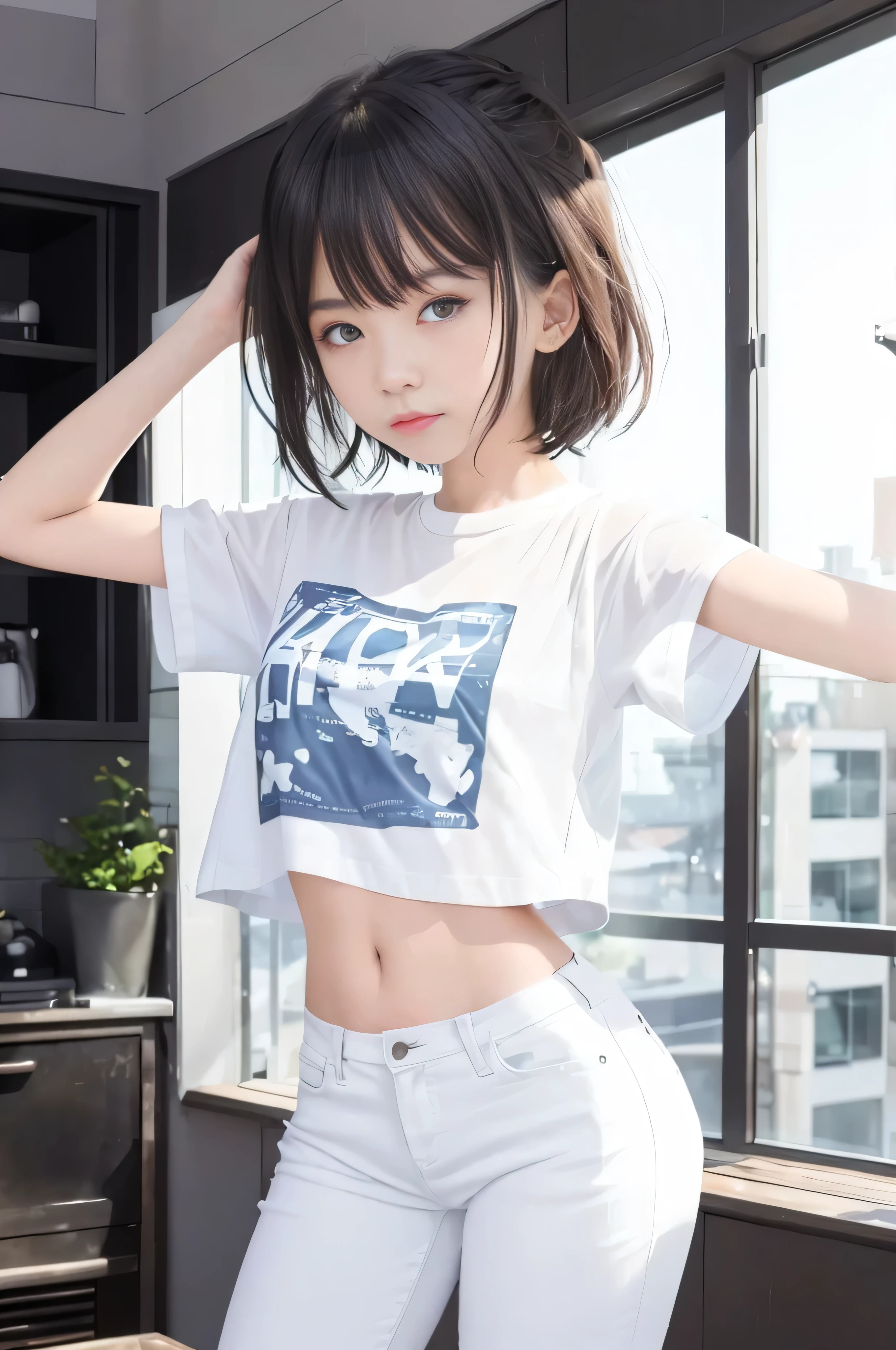 (Raw quality:1.4), Girl posing for photo in white good and tight denim, Put your arms behind your back, whole body, (Thin, see-through cropped T-shirt), good, Slim figure, Small Bust, Slim girl model, 16 year old female model,