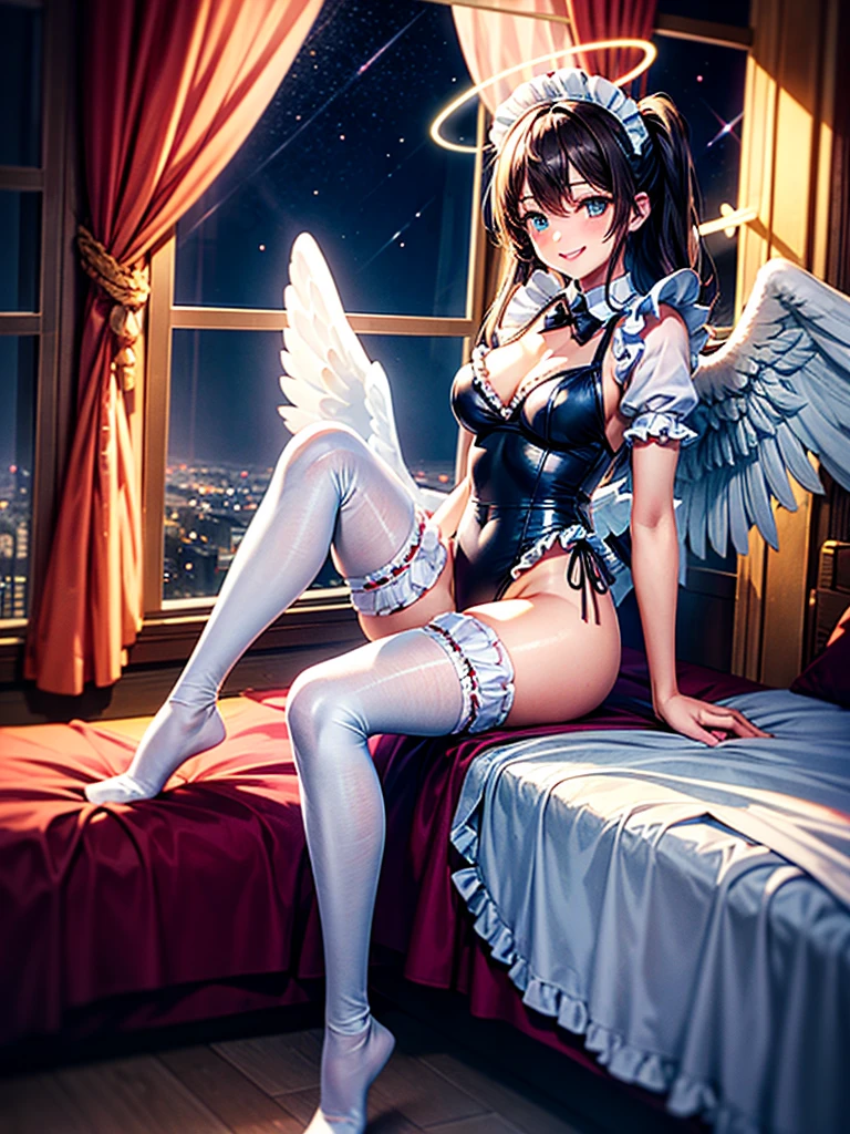 Highest Resolution,8K quality,Smiling beautiful girl in maid leotard,High leg,(((Frills))),White angel wings on your back,Halo,Bedroom,Night view outside the window,Very beautiful eyes,whole body,front,Knee-high stockings,Drink,