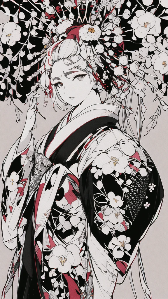 {{{{masterpiece}}}}, {{{hyper detailed}}}, {{{highres}}}, {{good anatomy}}, (((best quality))), ((an extremely delicate and beautiful)), {{an extremely detailed and delicate}}, {8k cg wallpaper}, {{illustration}}, (greyscale with colored background:1.05), (white and black background:1.1), flowers, (chromatic aberration:1.2), upper body, mature female, (1girl:1), solo, oiran, (japanese clothes:1.2), (pale face:1.2), medium breasts, hiten1,
