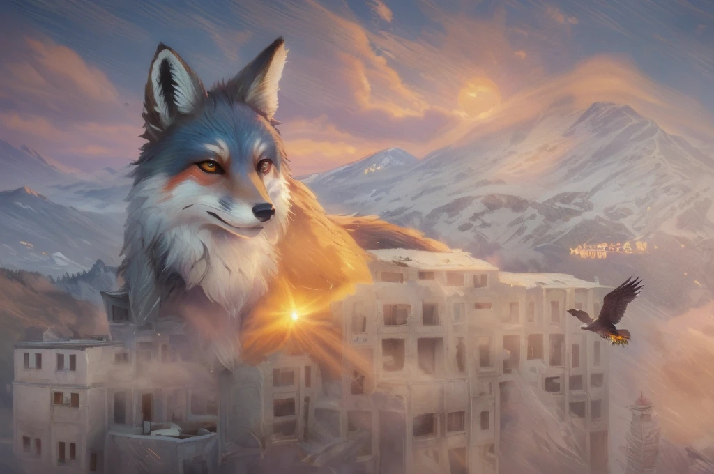 Magic Digital Illustration, surrealism, sunrise, abandoned city in the mountains, forest grow on the mountains, huge cute spirit fox lying on a building, mountain eagle flying in the foreground, the sun is shining on the right, calm peaceful atmosphere, natural light, magical light, visible brush strokes, (( Artem Chebokha, Devin Elle Kurtz, (Rossdraws style) )), Peter Morbacher style, awarded at artstation, cinematic light