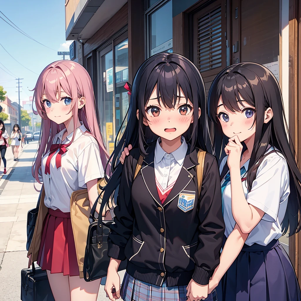 Pair of high school girls、Two embarrassed high school girls blushing、Male interviewer and cameraman、In town、The man&#39;s face is hidden in the shadows,Hand from the right、Holding hair and pen in hand,Disliked expression,Contemptuous eyes