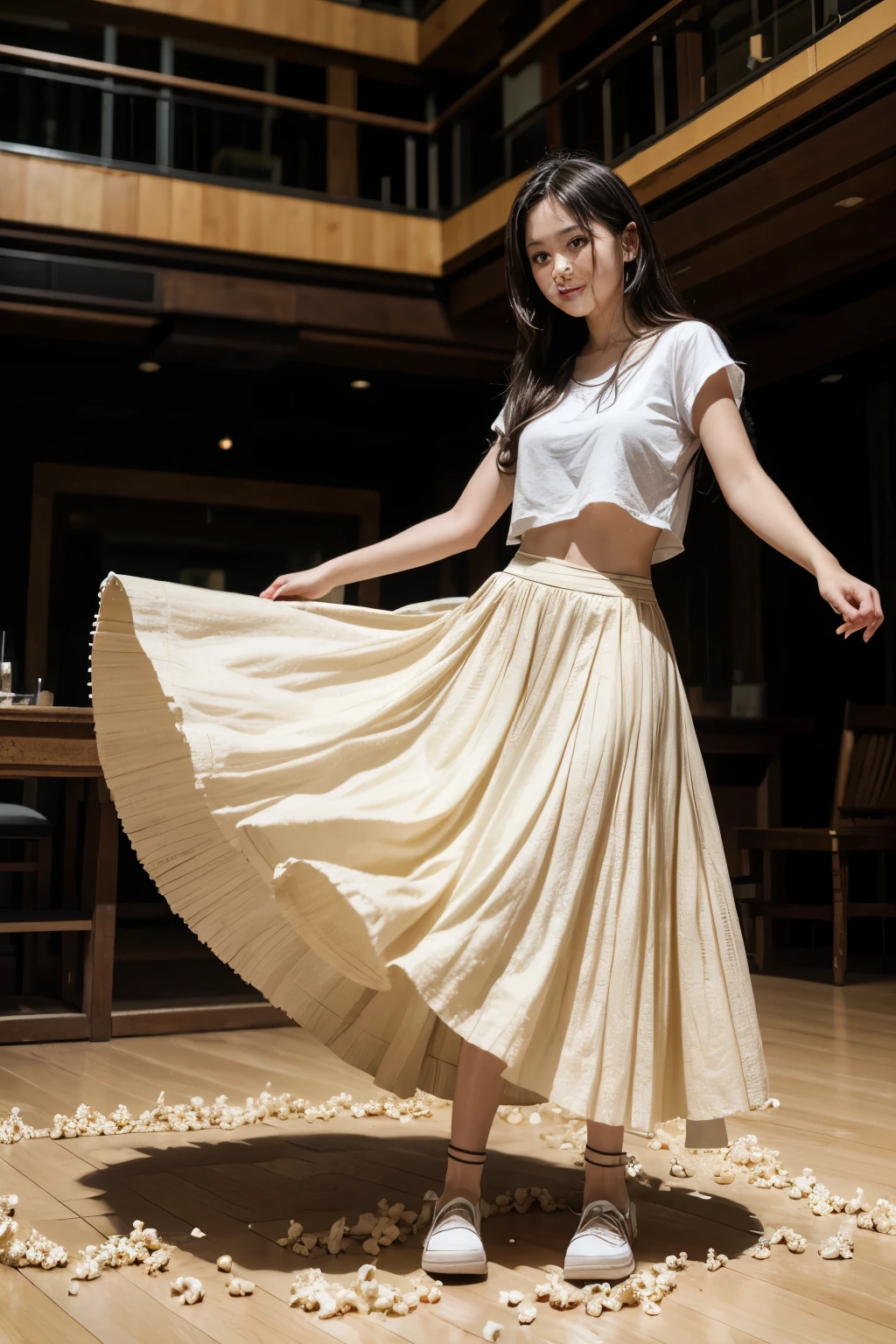 a person with a long, realistic straw skirt, dancing while standing on a floor covered with popcorn. during the day