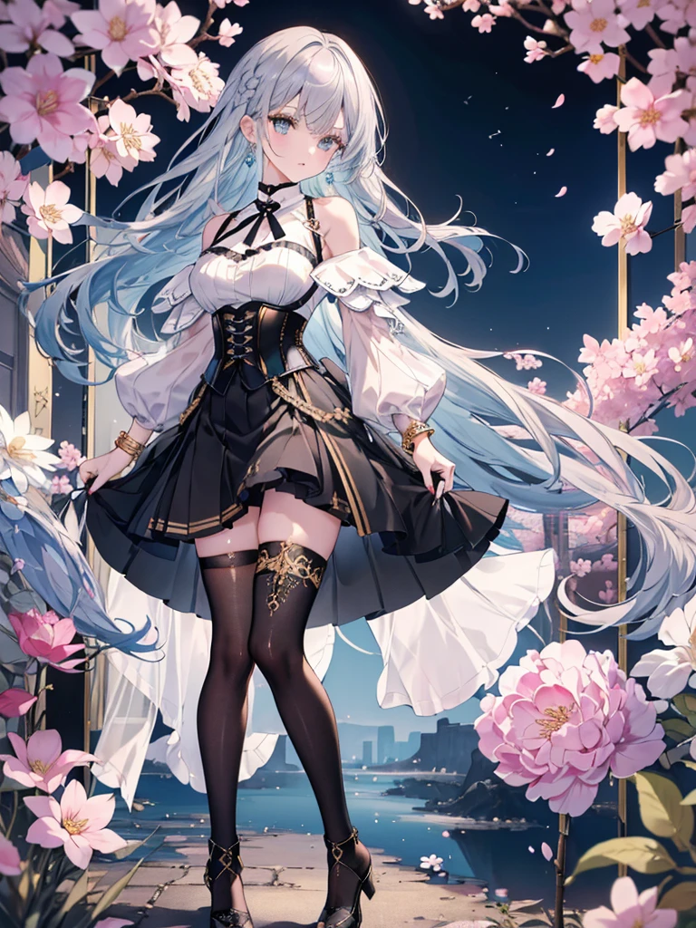 8k,High resolution RAW color art, Anime Art,Silver Marble Skin, (((Highly detailed elegant))), Detailed skin, texture,(Exquisitely crafted, The finer details, Ultra-detailed art), (1 Girl), Depth of written boundary, Silky Touch, Hyper Detail, Cool face, eye shadow、Armed pretty woman, Beautiful attention to detail, Beautiful lip detail, Highly detailed face, Delicate depiction of hair and eyes, Detailed Fashion, Blue sparkling eyes, Earrings, Slightly larger breasts,Full body depiction, ,Focus on the user、Stylish white off-shoulder pants、((((Black above the knee skirt)))、corset、Black tights up to the knee、Thighs、Golden decoration, Black nails, Gray Hair, Golden bracelet, Long Straight Hair, Light blue outer color、(((Hair)))、sweater、Cherry Blossoms at Night(Lesoonlight、肌面積Lesature)))、Calm background