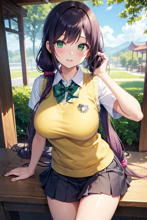 nozomitoujou, nozomi toujou, (green eyes:1.5), purple hair, twintails, low twintails, scrunchie, long hair, (large breast:1.2),
BREAK otonokizaka , pleated skirt, , short sleeves, skirt, summer uniform, sweater vest, yellow sweater vest,
BREAK looking at viewer,
BREAK outdoors, shrine,
BREAK (masterpiece:1.2), best quality, high resolution, unity 8k wallpaper, (illustration:0.8), (beautiful detailed eyes:1.6), extremely detailed face, perfect lighting, extremely detailed CG, (perfect hands, perfect anatomy),