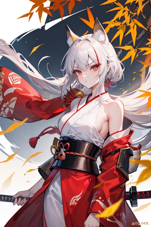 Female Samurai Photos, Attitude to battle, With a sword drawn from its sheath, Ready for battle, wearing a fox mask, wearing a samurai costume (kimono) (Bamboo forest wind), (The wind blew the leaves away), Cut her shoulder ( High skin detail: 1.2), 8K Ultra HD, Single-lens reflex camera, Soft lighting, high quality, Film Grain, Fujifilm XT3