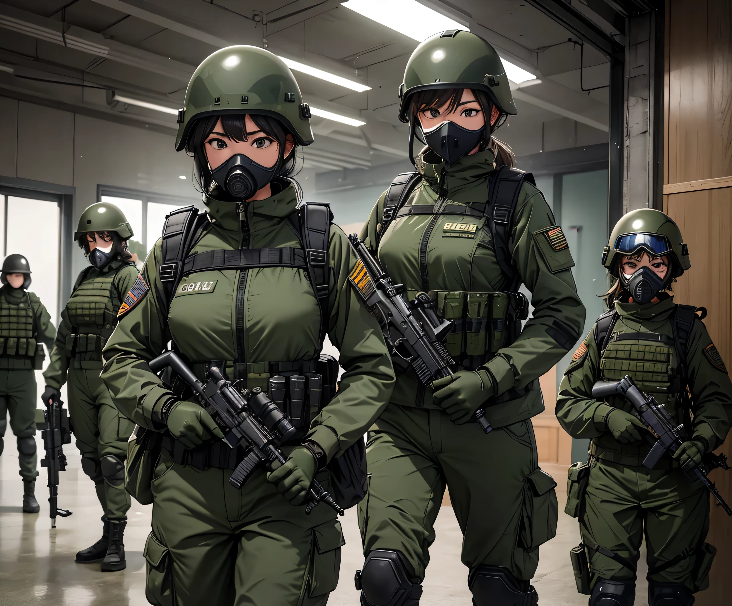 A group of female special forces soldiers wearing helmets、Wearing dark green M-51 military uniform、Gas Mask、Goggles、Bulletproof vests、Knee pads、Interior corridors、Write details、masterpiece、best quality、Highly detailed CG、8K picture quality