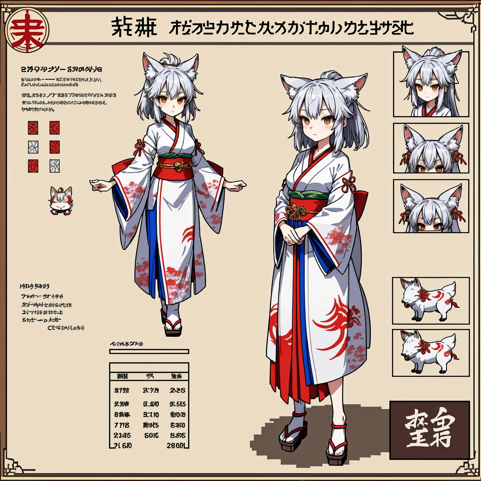Character Sheet, A graceful wild fox girl with mostly silver hair, Japanese Shrine Maiden Costume, variation, Highest quality, pixel