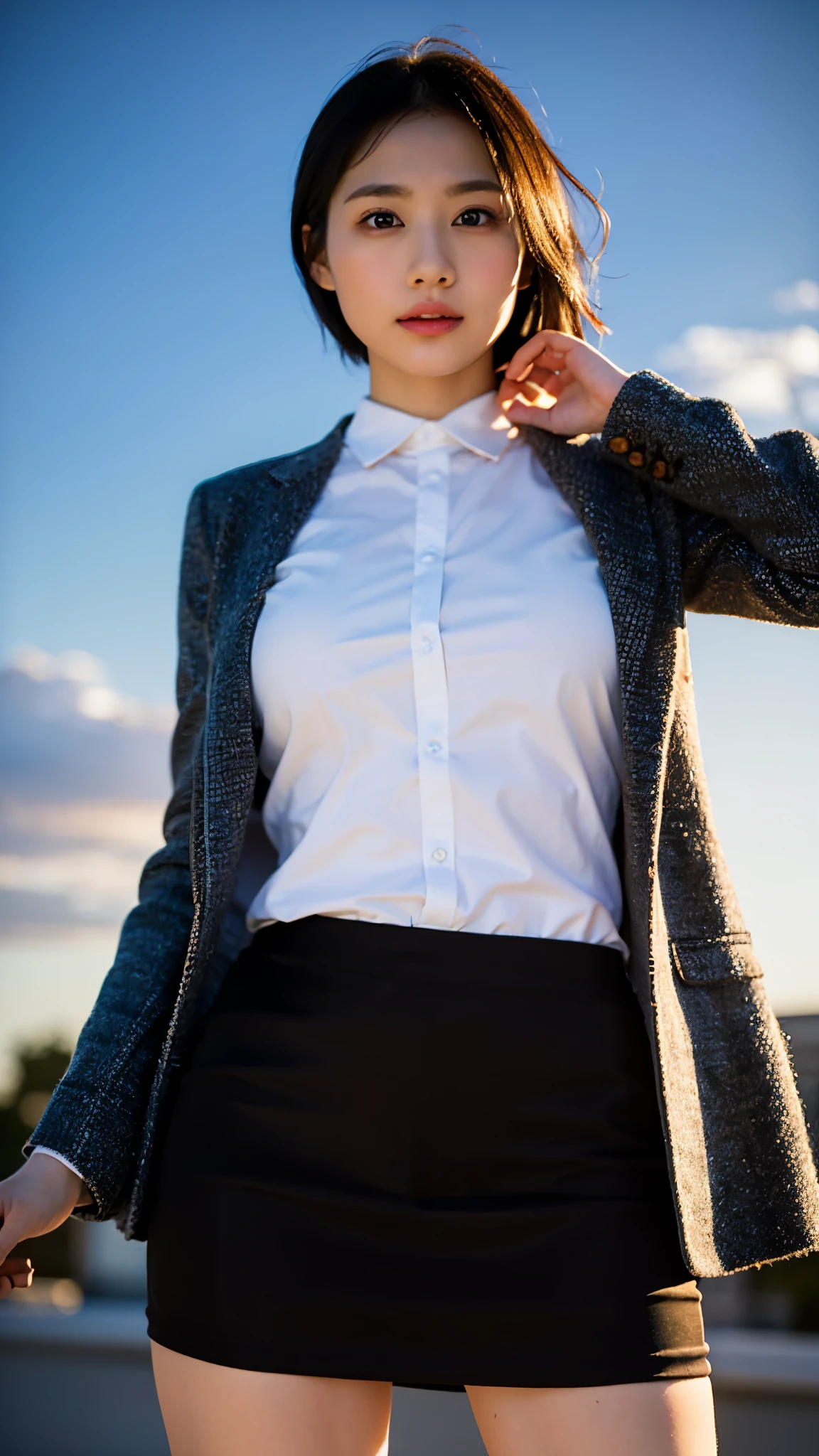 RAW photo, 1 girl, incredibly absurd, 30 years old, beautiful girl, (cute), (short hair), photo shoot, realistic, Depth of the bounds written, High resolution, Super detailed, delicate, very detailed, highly detailed eyes and face, sharp pupils, Realistic Office Lady, sharp focus, LED lighting, Eye and face details, (velvet blazer), mini skirt, cowboy shot full body, (wind lift:1.6), cameltoe, stare, (Big breasts that are about to burst), Close-up, perfect body, shot from below, sunset