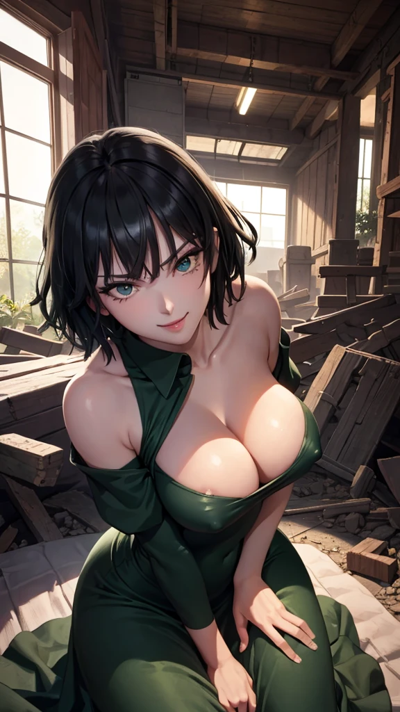 Highest quality、Best image quality、masterpiece、One woman,fubuki, Very cute face、Beautiful Eyes、Perfect body,Highly detailed face,Large ,CleavagHair,Green clothes,Very tight collared one piece dress、Upper Body, In an abandoned warehouse, On the couch、sexy pose, bewiing pose, (leaning forward:1.3), (hands on knees:1.3), Hard nipples、Wicked Smi