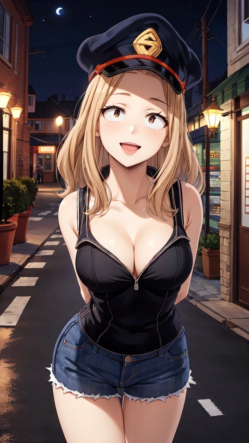 Masterpiece ,best quality , high resolution , (face view , look at view , (pov front view) , (pov from front)) , (1 girl solo:1.38) , (camie, long hair, brown hair, brown eyes, peaked cap , lipstick , eyeliner)) , (slim , tall , slender , thin) , (cleavage:1.05) , (big breast:1.06) , (wear top tank , sleeveless , denim_micro_short , stockings , (arms behind back , hand behind back) , (leaning forward:1.35) , ( outdoor , night , lamp , moonlight , road , on street , in front of shop ) , (open mouth , smile , full face blush , shy ) , (standing , thighs ) , (cowboy_shot)