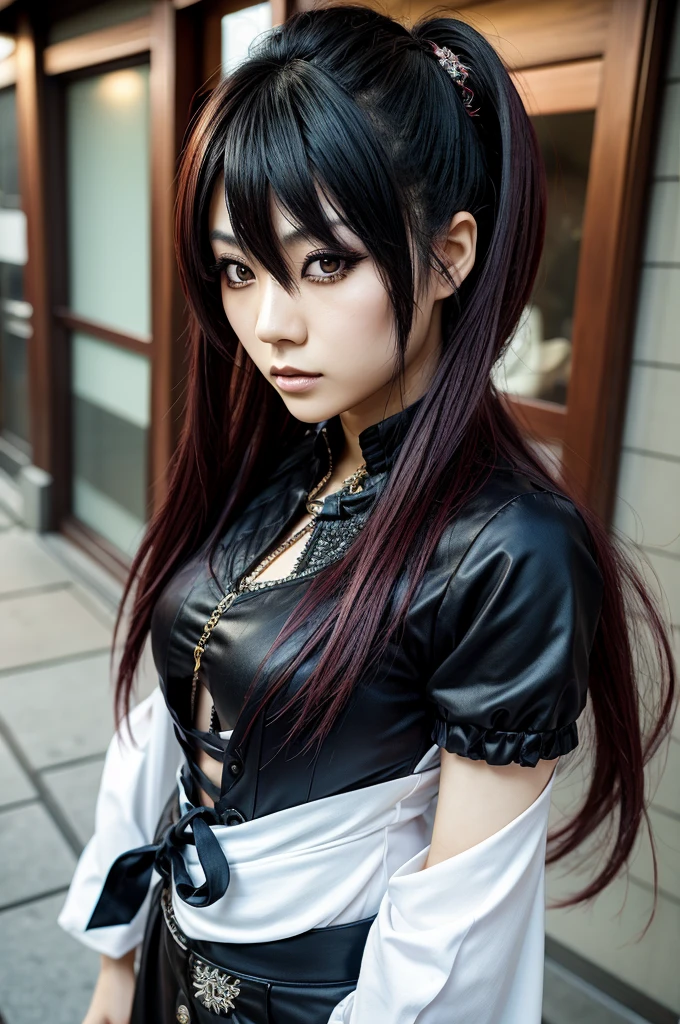 1 Japanese woman, Asian eyes, full body view, Visual kei hairstyle, 30 years old, Visual kei outfit, ultra detailed face and eyes, hyperrealistic, realistic representation