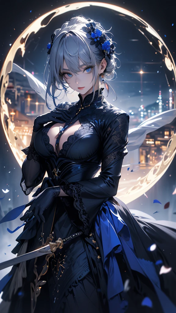 masterpiece, high quality, 4K, Beautiful design, silhouette,Gray Hair, 非常に詳細な夜のStarry Sky,Flower Field, wonderful, Finer details, Very knowledgeable woman, Highly detailed solo, 1 female,blue eyes,Big Breasts,Gothic ta Fashion,Night view,Starry Sky,Blue Full Moon,