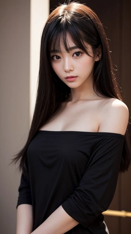 Highest quality、Japanese women、Beautiful beauty、sexy、Long Hair Style、Small face、Beautiful skin、night、Large breasts、Realistic、Black T-shirt