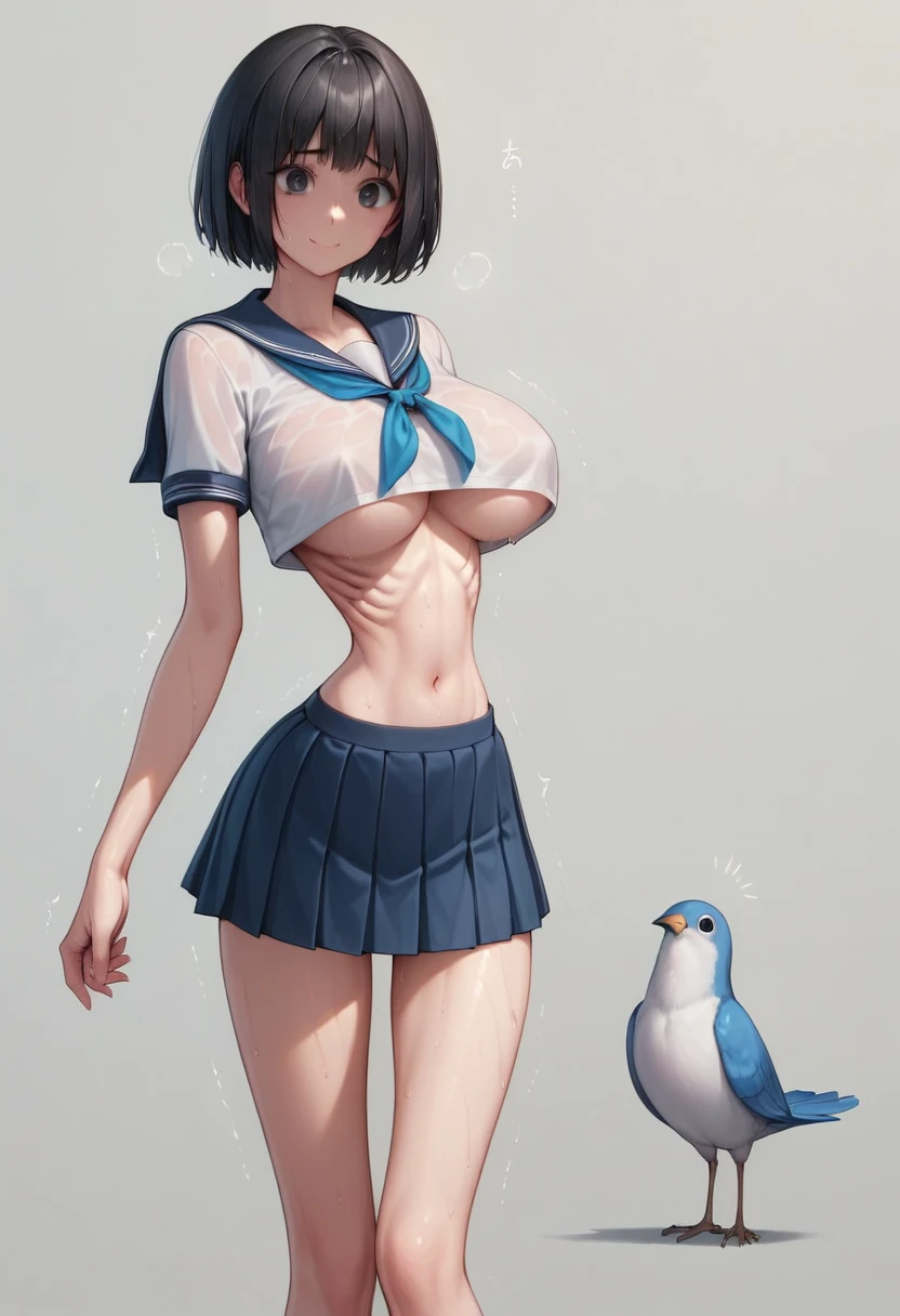 (masterpiece, best quality:1.2), Realistic photo, front shot, beautiful thin 1girl, (super big breasts, micro waist, very long legs:1.3), Black hair, short bob hair, (Extremely skinny), short height, Light Skin, cute big eyes, Small Mouth, cute beautiful thin face, forced smile, serafuku, mini skirt, Arched back, pigeon-toed, Embarrassing pose, Long and thin navel, (beautiful visible ribs), wet and sweaty, Trembling