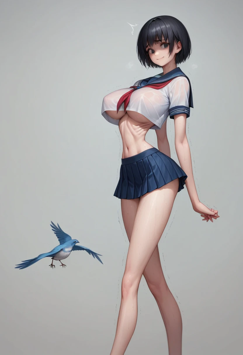 (masterpiece, best quality:1.2), Realistic photo, front shot, beautiful thin 1girl, (super big breasts, micro waist, very long legs:1.3), Black hair, short bob hair, (Extremely skinny), short height, Light Skin, cute big eyes, Small Mouth, cute beautiful thin face, forced smile, serafuku, mini skirt, Arched back, pigeon-toed, Embarrassing pose, Long and thin navel, (beautiful visible ribs), wet and sweaty, Trembling