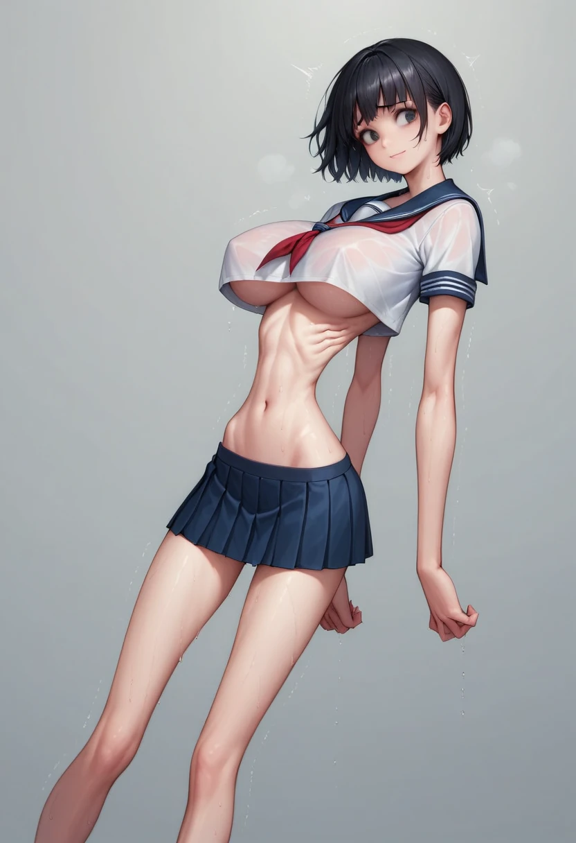 (masterpiece, best quality:1.2), Realistic photo, front shot, beautiful thin 1girl, (super big breasts, micro waist, very long legs:1.3), Black hair, short bob hair, (Extremely skinny), short height, Light Skin, cute big eyes, Small Mouth, cute beautiful thin face, forced smile, serafuku, mini skirt, Arched back, pigeon-toed, Embarrassing pose, Long and thin navel, (beautiful visible ribs), wet and sweaty, Trembling