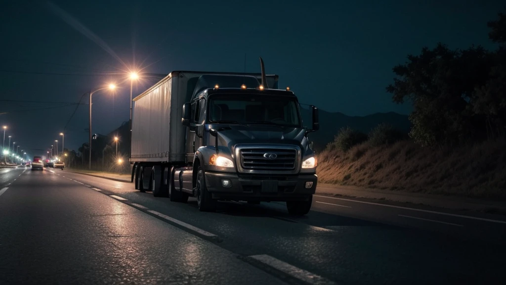 Truck on the road with no one at night, faça uma imagen tipo cena de terror para uma thumbnail no YouTube