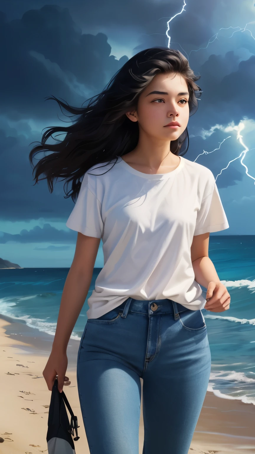 ((best quality)), ((masterpiece)), (detailed), A digital illustration of a long black haired teenage girl walking on the beach near the ocean looking at the ocean at night wearing white t-shirt and blue jeans with dark clouds and lightning in background. The girl is having sad expression on her face