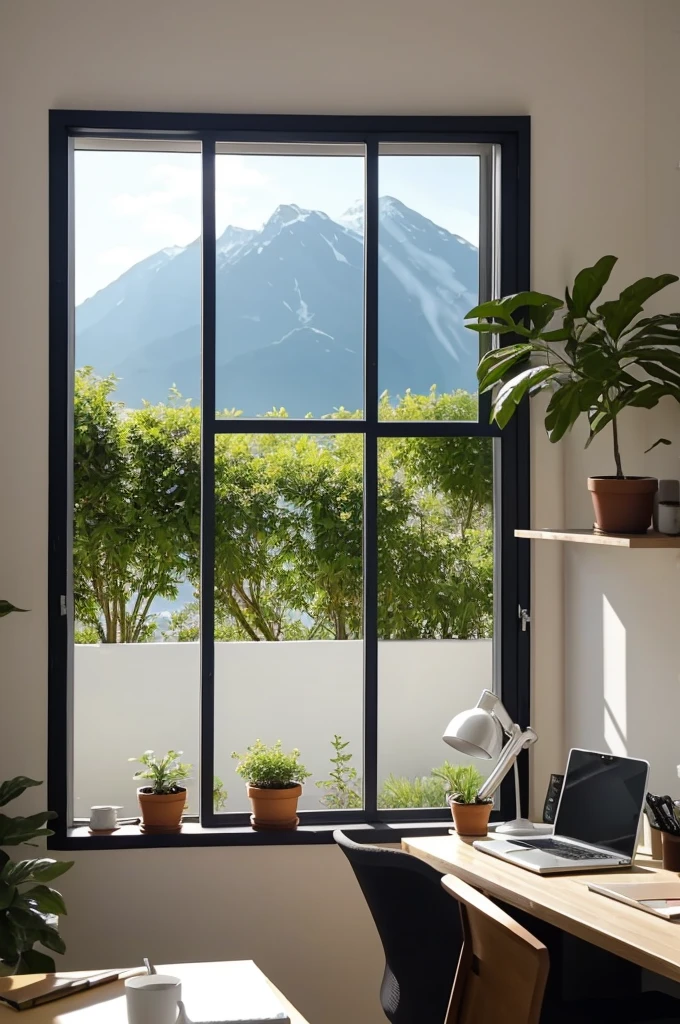 Miniature youtube : Un bureau minimaliste placé près d'une grande fenêtre avec une vue sur un paysage naturel. Éléments sur le bureau : ordinateur portable, carnet, tasse de café, et une plante. Texte 'Travaillez Sereinement'. Hyper réaliste, ambiance lumineuse et apaisante.