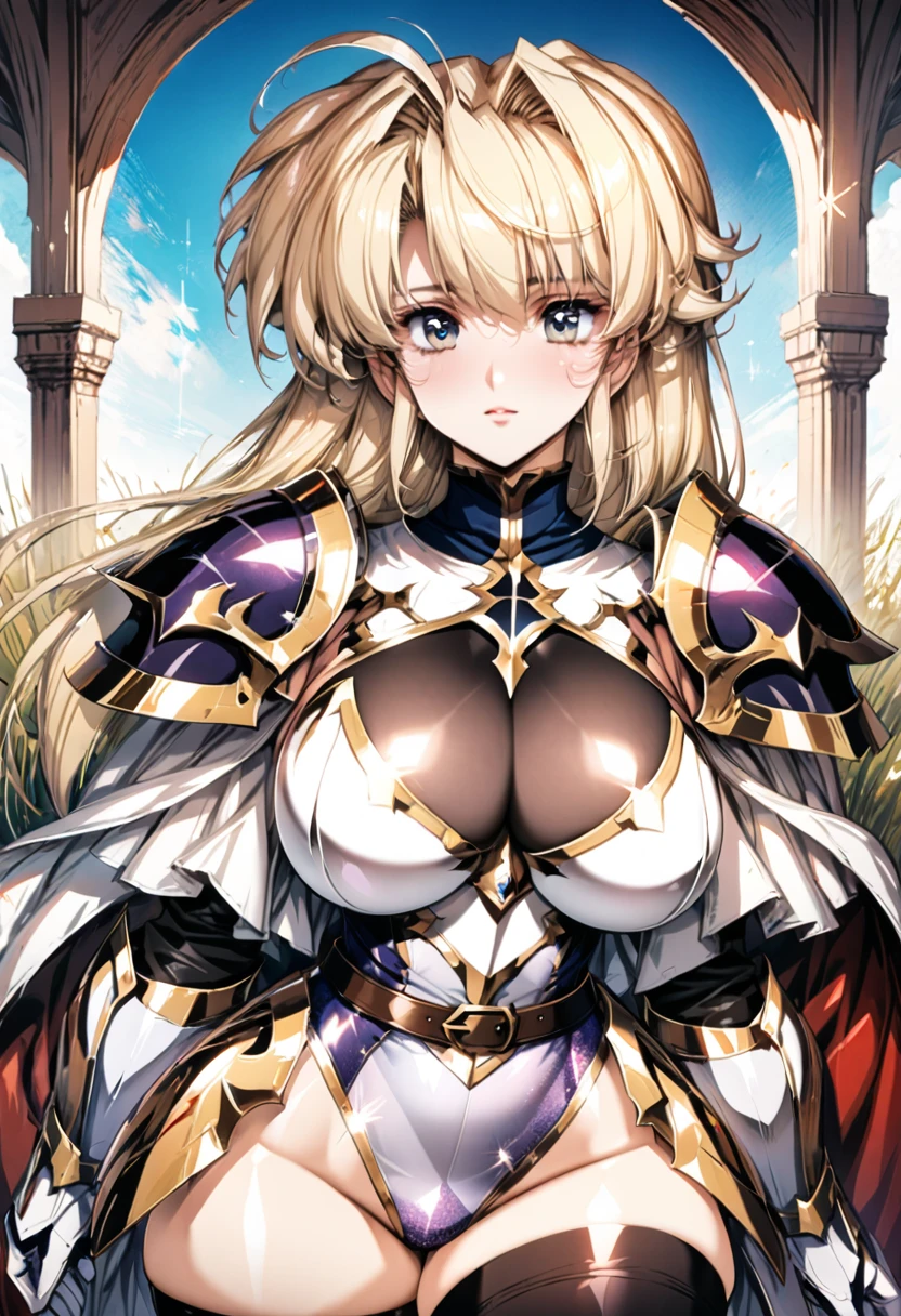 ((highest quality)), ((masterpiece)), ((hyperrealistic)), (detailed background), 1girl, ((curvy: 1.2)), Langrisser, ((Sparkling sequin lame leotard: 1.5)), ((catsuit)), ((white paladin armor)), ((long skirt)), ((armored dress)), cloak de cour, gauntlet, gloves, belt, Blonde hair, ahoge, (huge breasts), (see-through cleavage cutout), (zettai ryouiki armored thigh high boots), (thighs), beautiful eyes, perfect face, Perfect hands, perfect fingers, Blue sky and grassland,